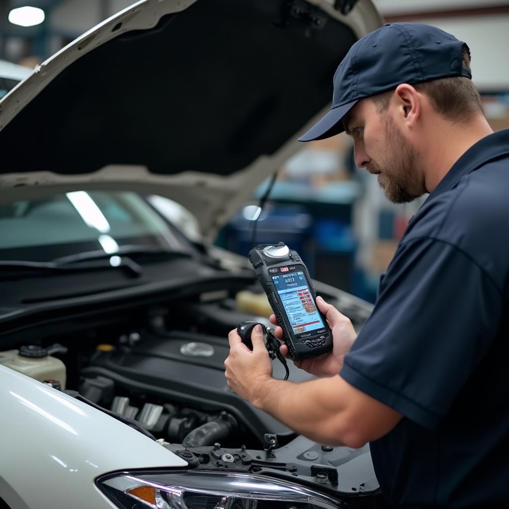 Mechanic Diagnosing Car with OBD2 Scanner