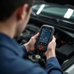 Mechanic Diagnosing Car with OBD2 Scanner