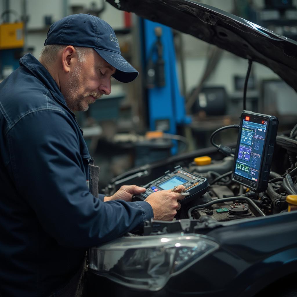 Mechanic Diagnosing Car with OBD2 Scanner