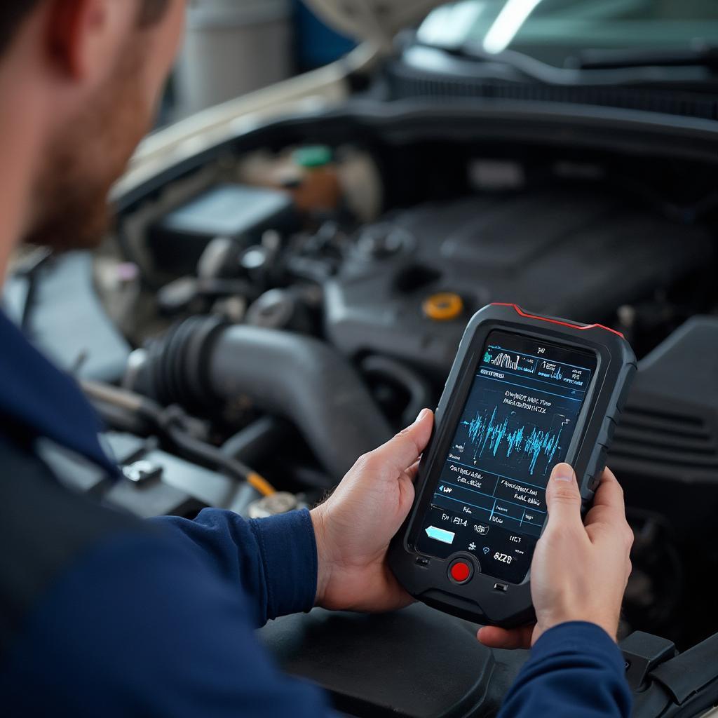 Mechanic diagnosing a car with an OBD2 scanner and checking MAF readings