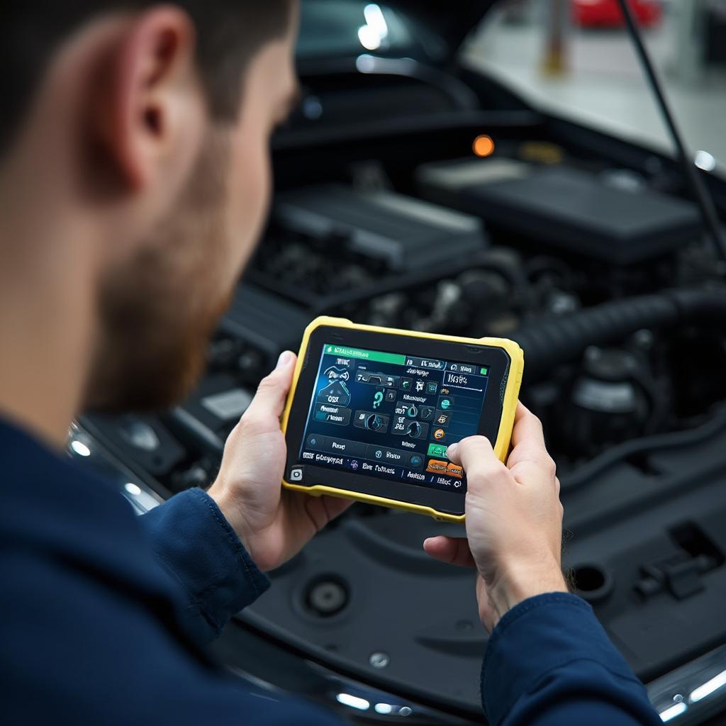 Mechanic Diagnosing Car with OBD2 Scanner