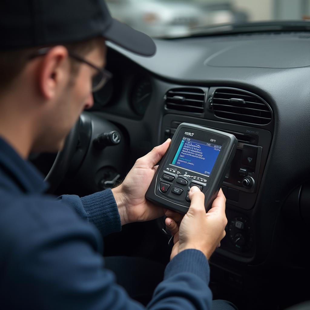 A mechanic using an OBD2 scanner to diagnose a car's ECU.