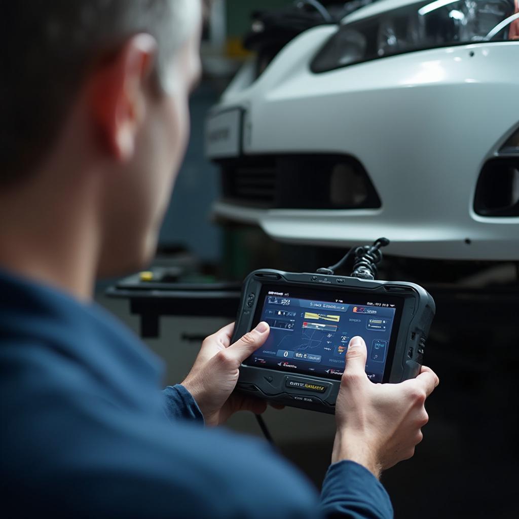 Mechanic Diagnosing a Car Using an OBD2 Scanner