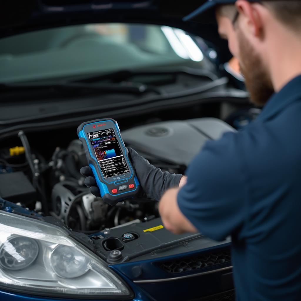 Mechanic Diagnosing Car with OBD2 Scanner