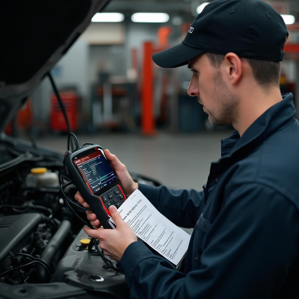 Mechanic using an OBD2 scanner to diagnose a car problem