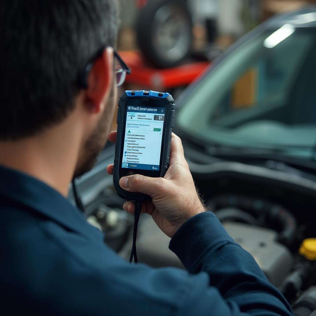 Mechanic Diagnosing Car with OBD2 Scanner: A mechanic uses a professional OBD2 scan tool to diagnose a car's engine control unit (ECU) and identify the cause of the 280 ca code.