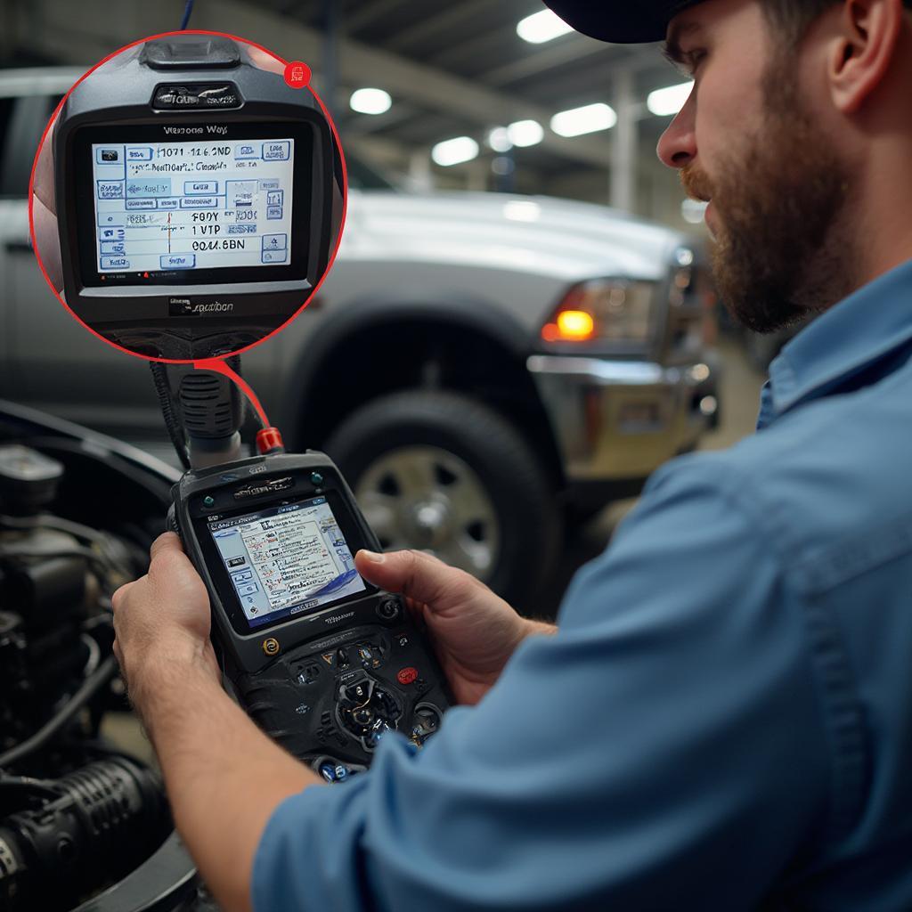 Mechanic Diagnosing a Dodge Truck with an OBD2 Scanner