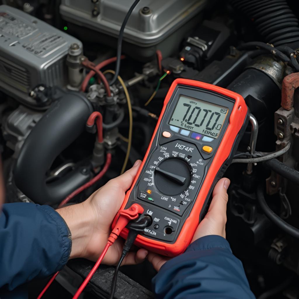 Mechanic Diagnosing Electrical Problem with Multimeter