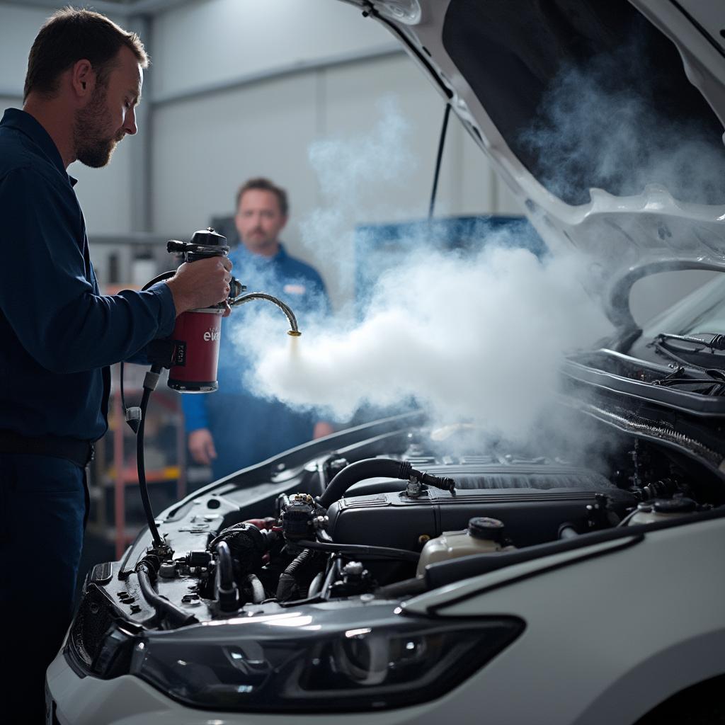 Mechanic Diagnosing Evaporative Leak with a Smoke Machine