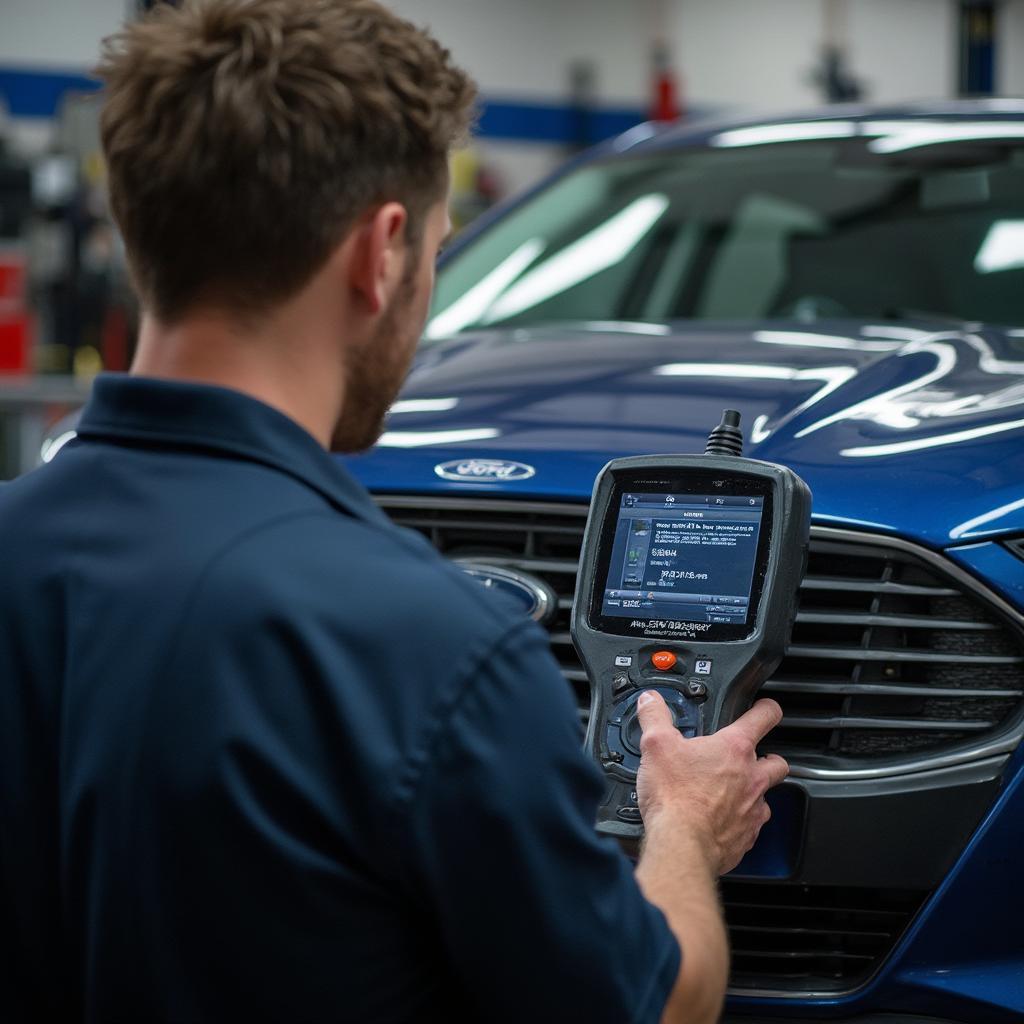 Mechanic Diagnosing Ford Vehicle Using OBD2 Scanner