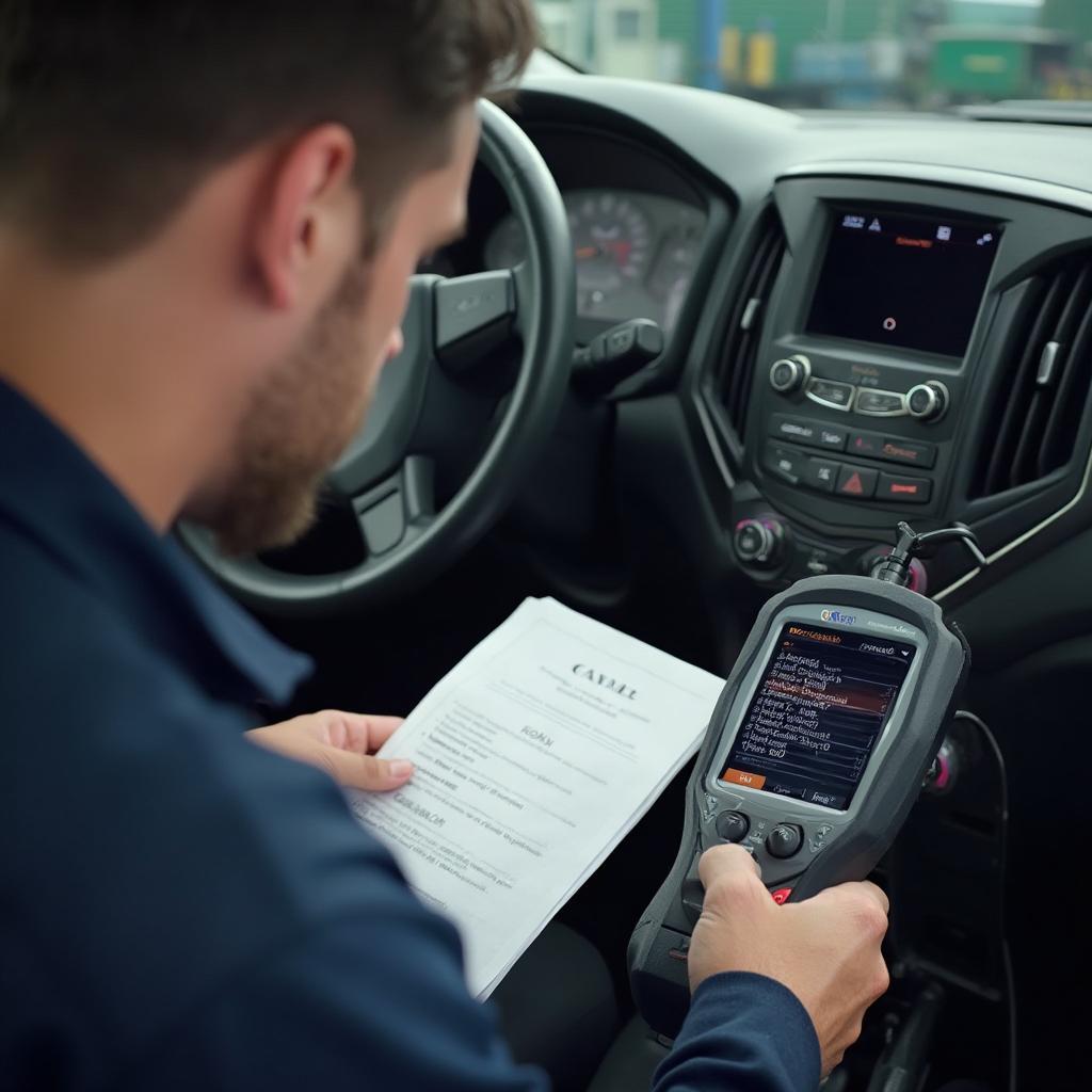 Mechanic Diagnosing a GM Vehicle using an OBD2 Scanner