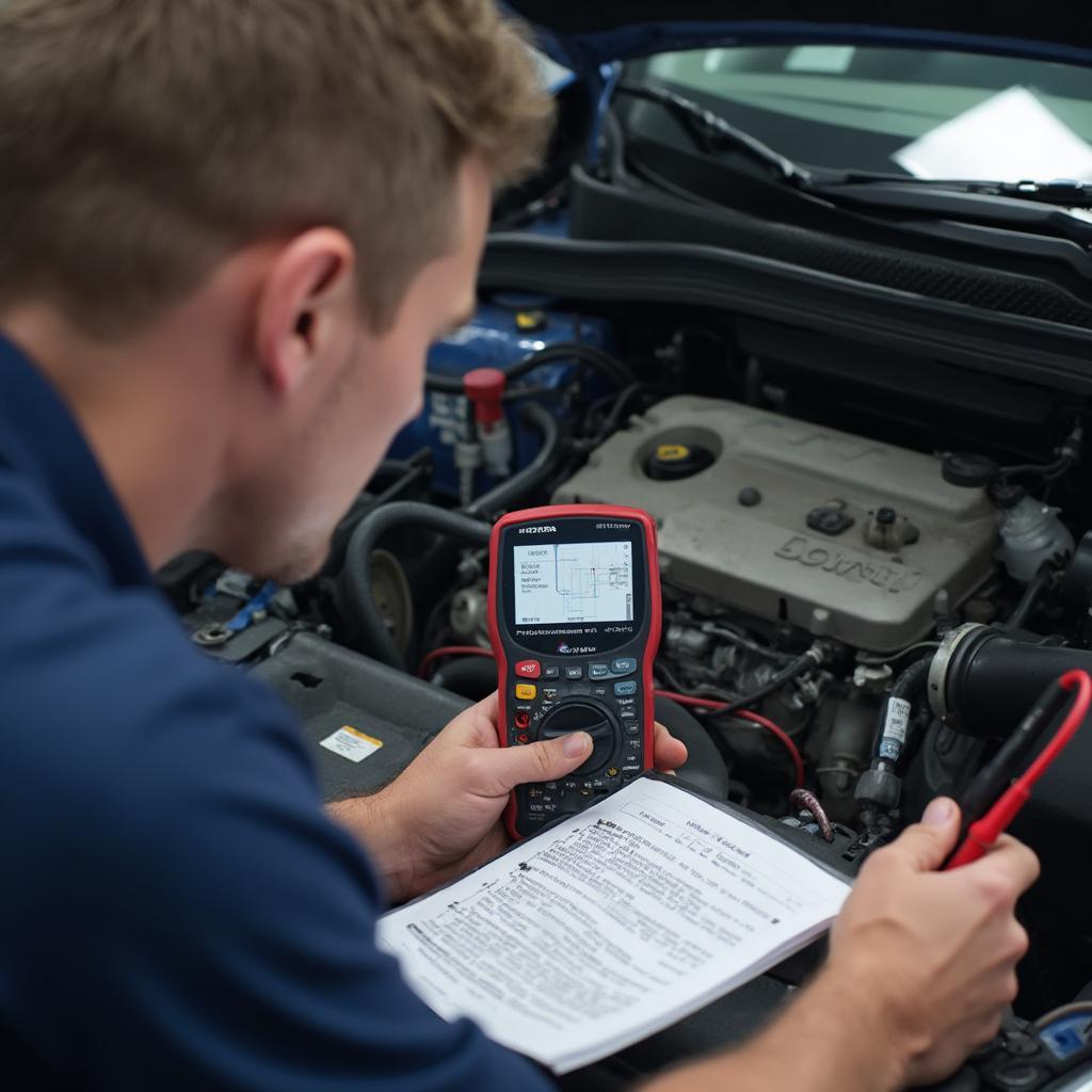 Mechanic Diagnosing a Honda Civic with an OBD2 Scanner