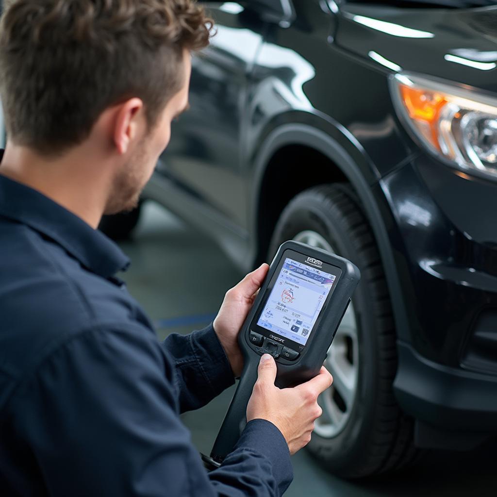 Mechanic Diagnosing Honda CRV with OBD2 Scanner