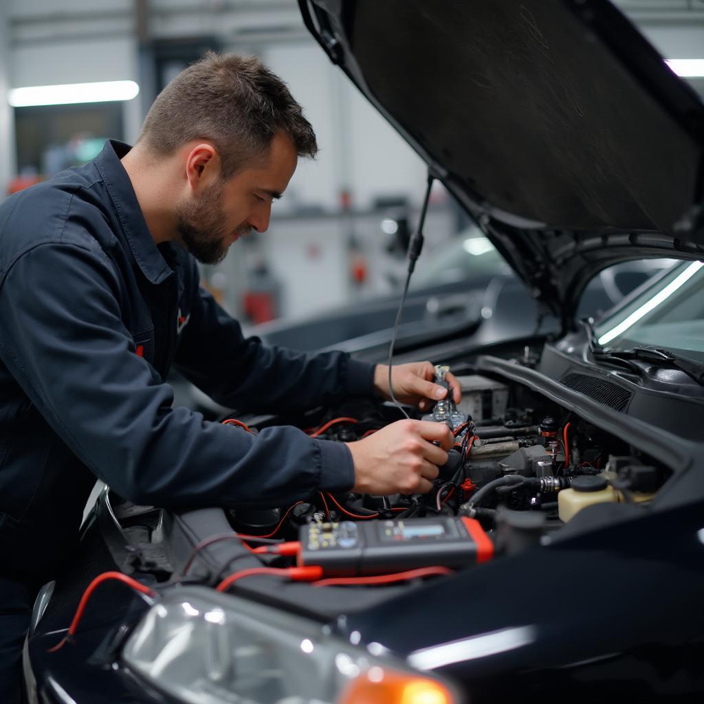 Mechanic Diagnosing 2000 Integra OBD2 Codes Using a Scanner and Multimeter