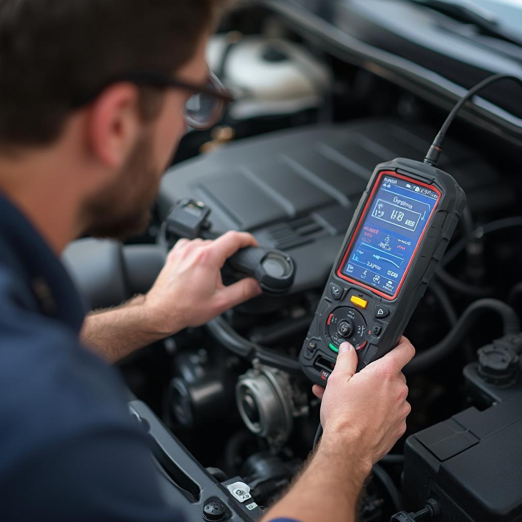 Mechanic Diagnosing LTFT Issue using an OBD2 scanner