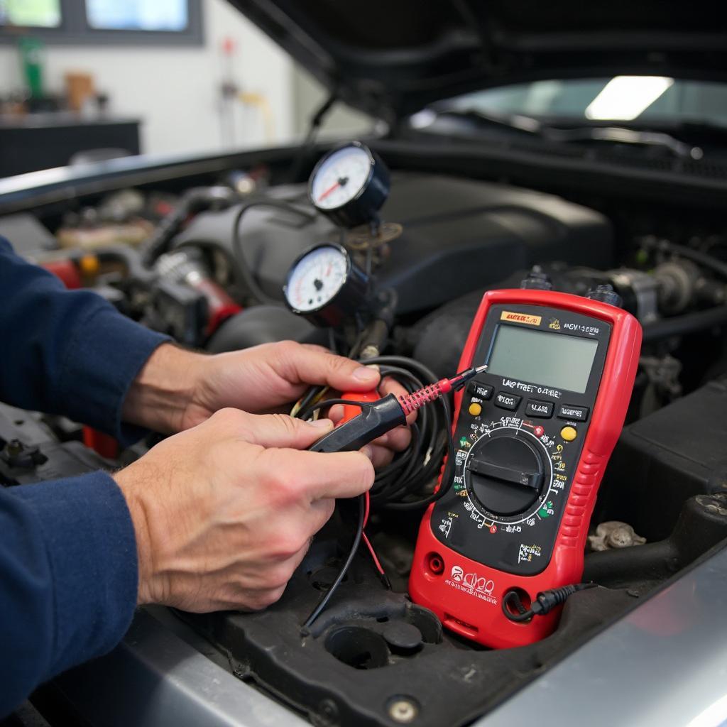 Mechanic Diagnosing a Misfire Using Various Tools