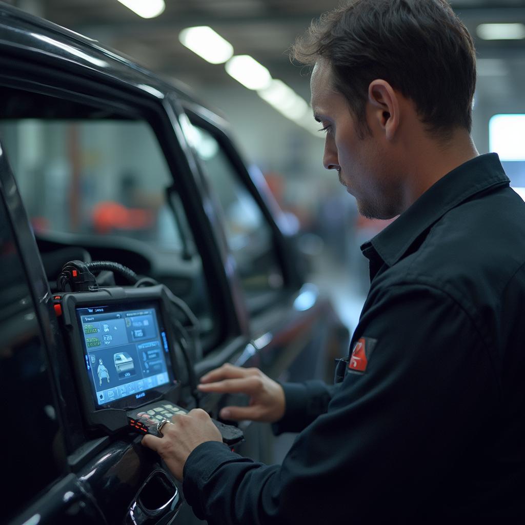 A mechanic using a professional OBD2 scan tool to diagnose fault codes on a Mitsubishi engine.