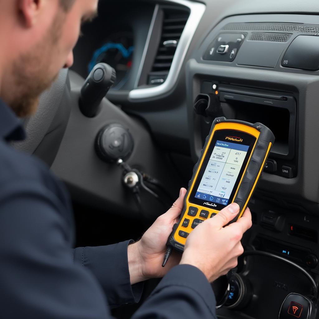 Mechanic Diagnosing P0420 Code with OBD2 Scanner