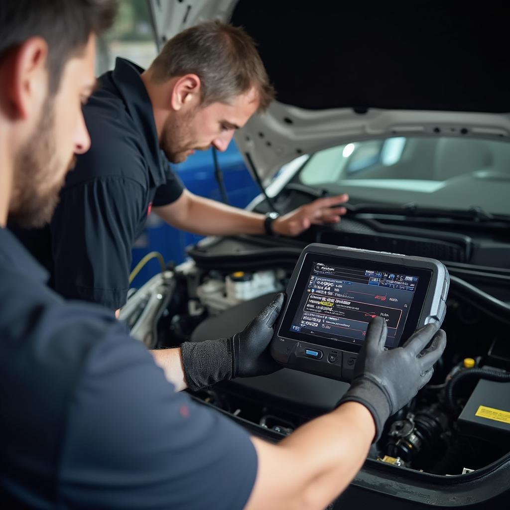 Mechanic Diagnosing Smart Car with OBD2 Scanner