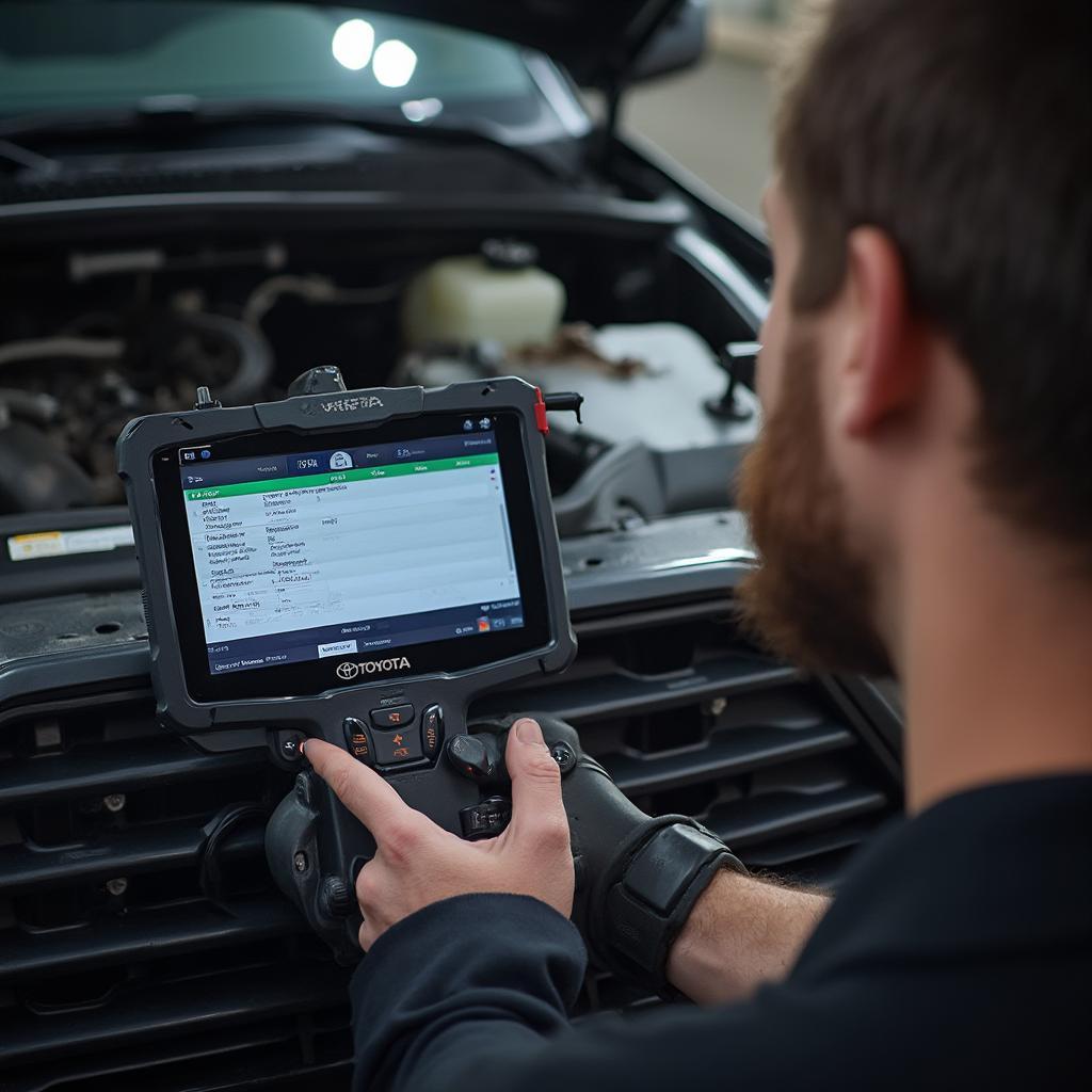 Mechanic Diagnosing Toyota Tacoma with OBD2 Scanner