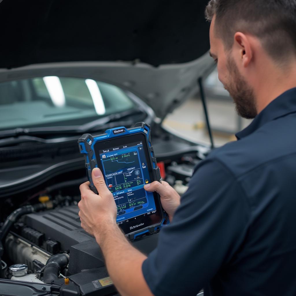 Mechanic Diagnosing a Transmission Problem Using a BlueDriver Scanner