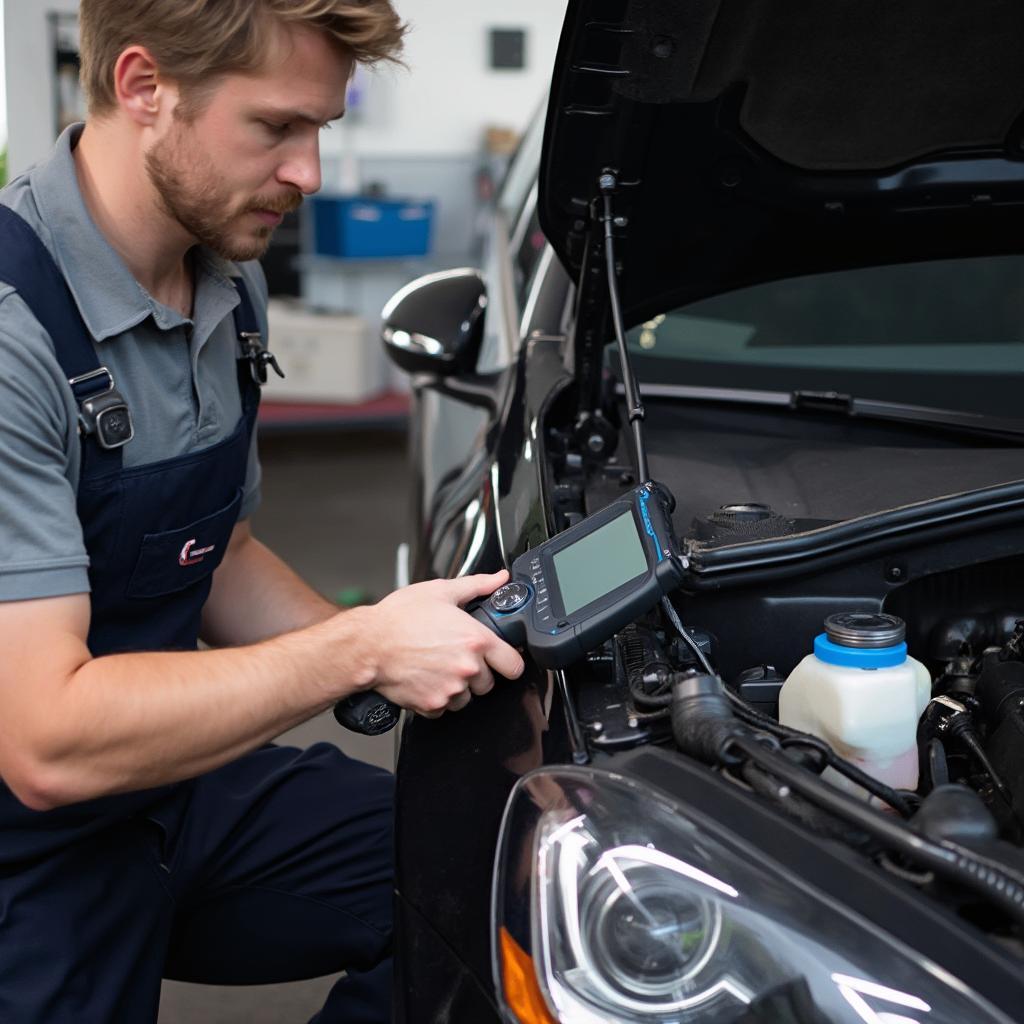 Mechanic Diagnosing VW Golf Mk5 with OBD2 Scanner