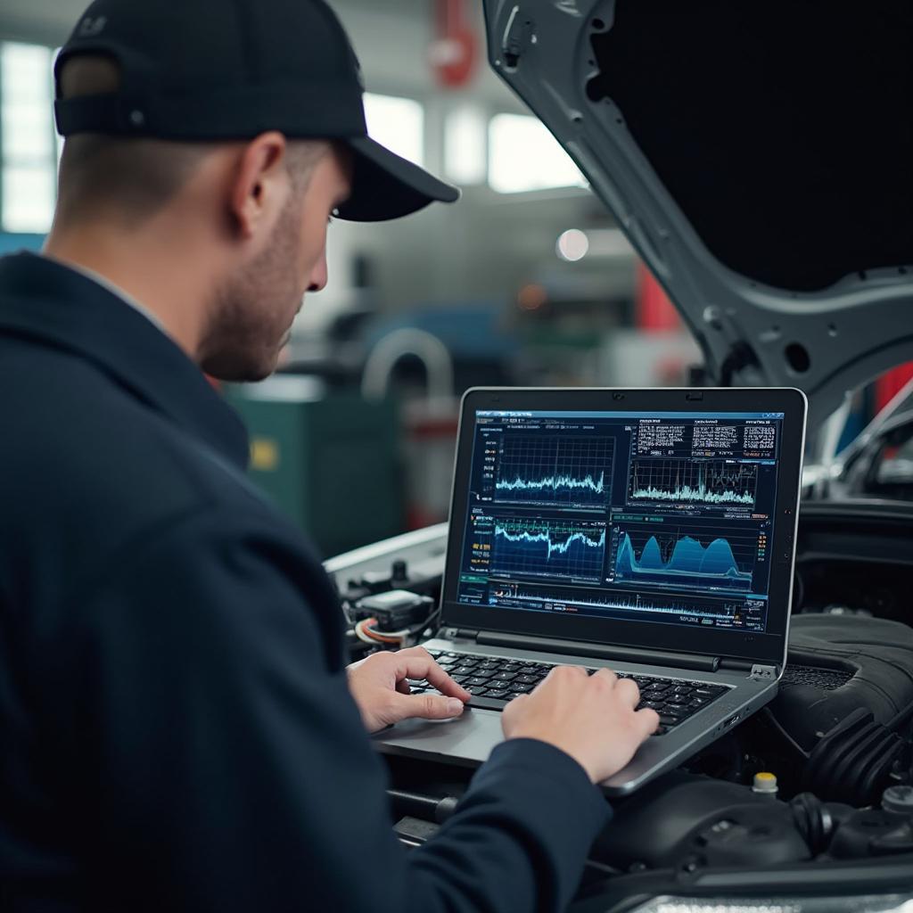 Mechanic Examining Car Engine Diagnostics on a Laptop