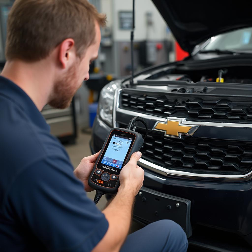 Mechanic Fixing Chevy Timing Using OBD2 Scanner