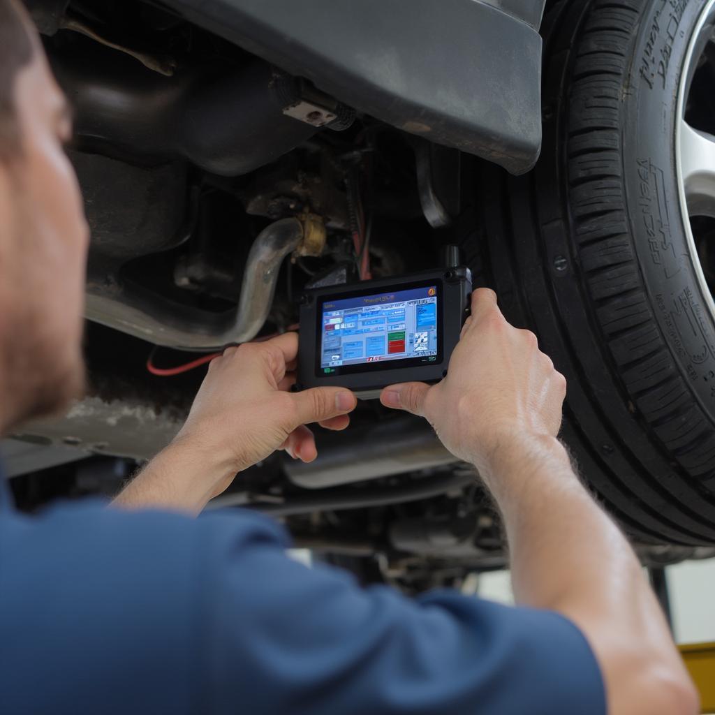 Mechanic Inspecting Car Exhaust System for P0430 Diagnosis