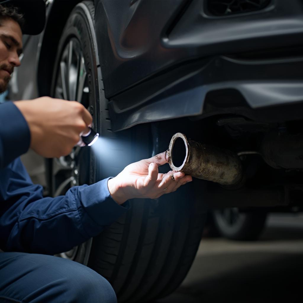 Mechanic Inspecting Catalytic Converter