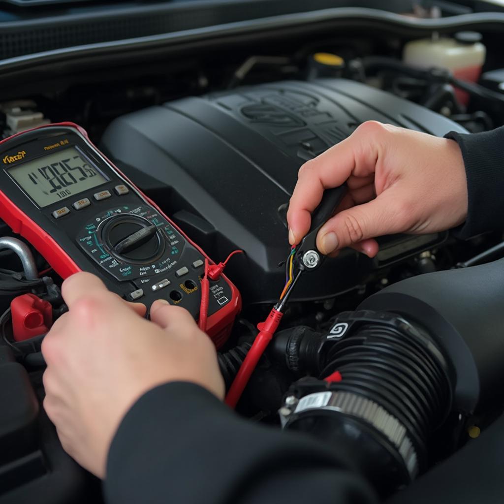 Mechanic inspecting the crankshaft position sensor on a car engine