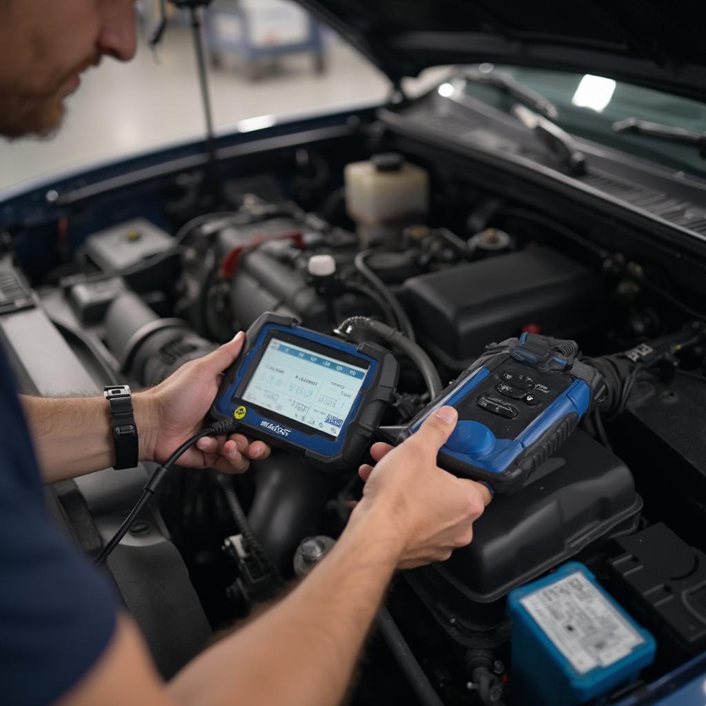 Mechanic inspecting the engine of a 2000 Ford Mazda