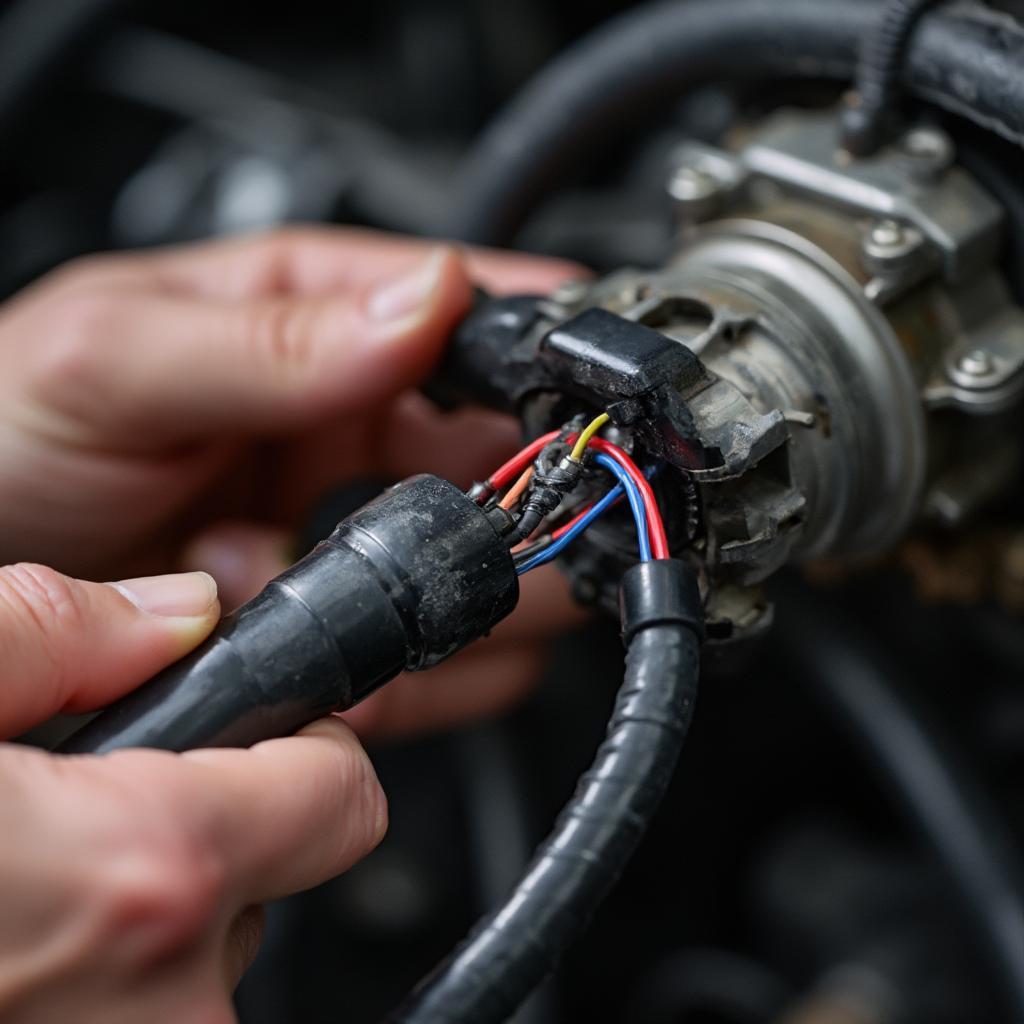 Mechanic Inspecting Knock Sensor Wiring