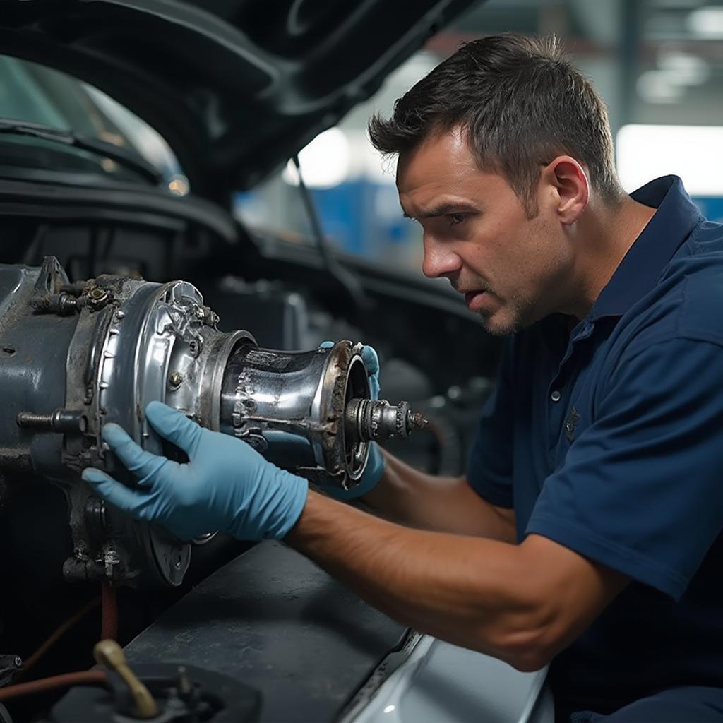 Mechanic Inspecting Transmission for Mechanical Issues