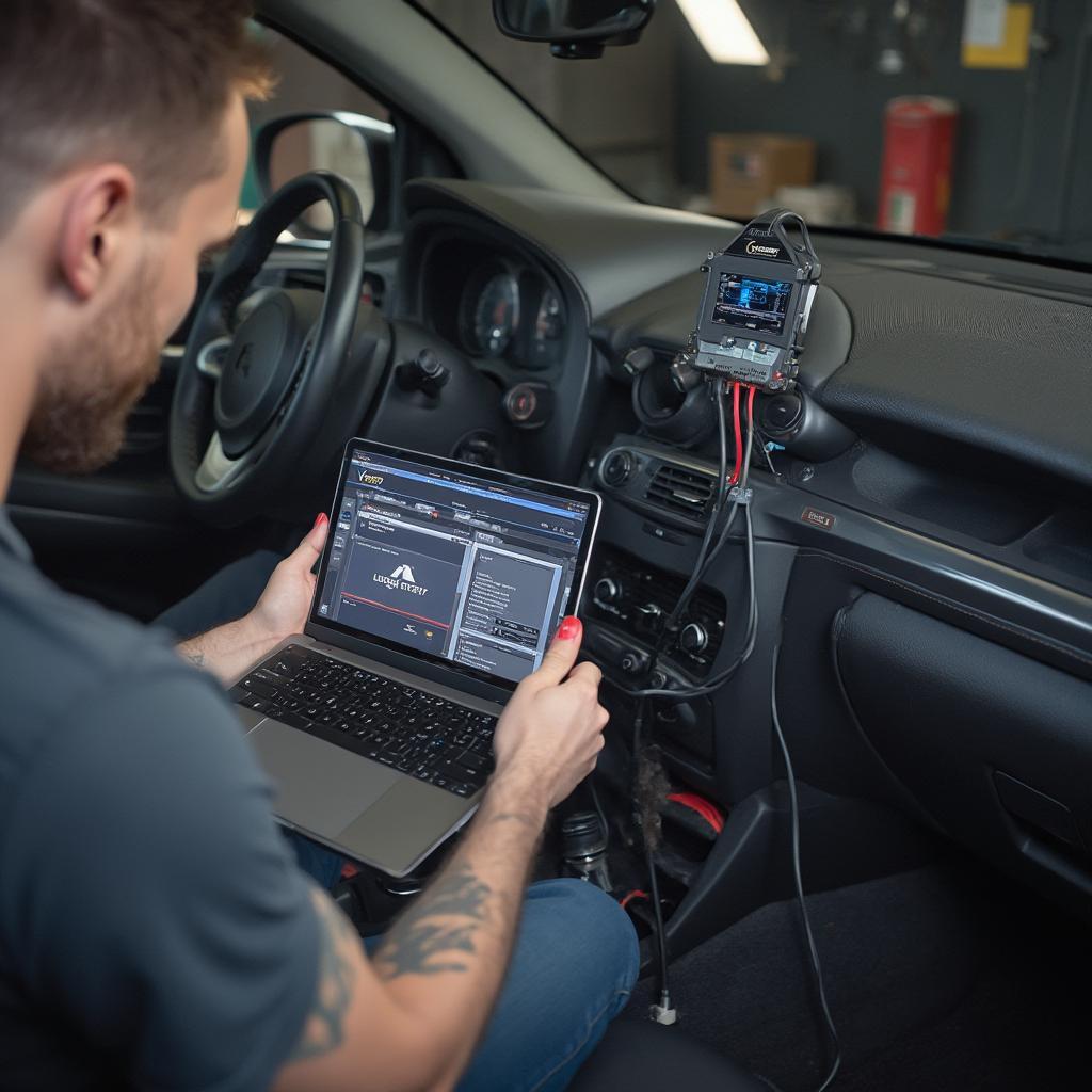 A mechanic connecting a Cobb Accessport to a car's OBD2 port and installing a custom tune.