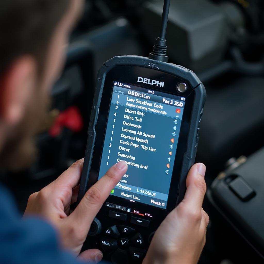 Mechanic Reading DTCs on a Delphi OBD2 Scanner