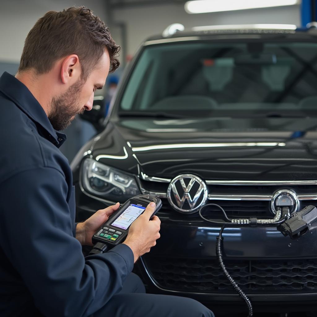 Mechanic Performing an OBD2 Diagnostic Check on a Volkswagen Touareg