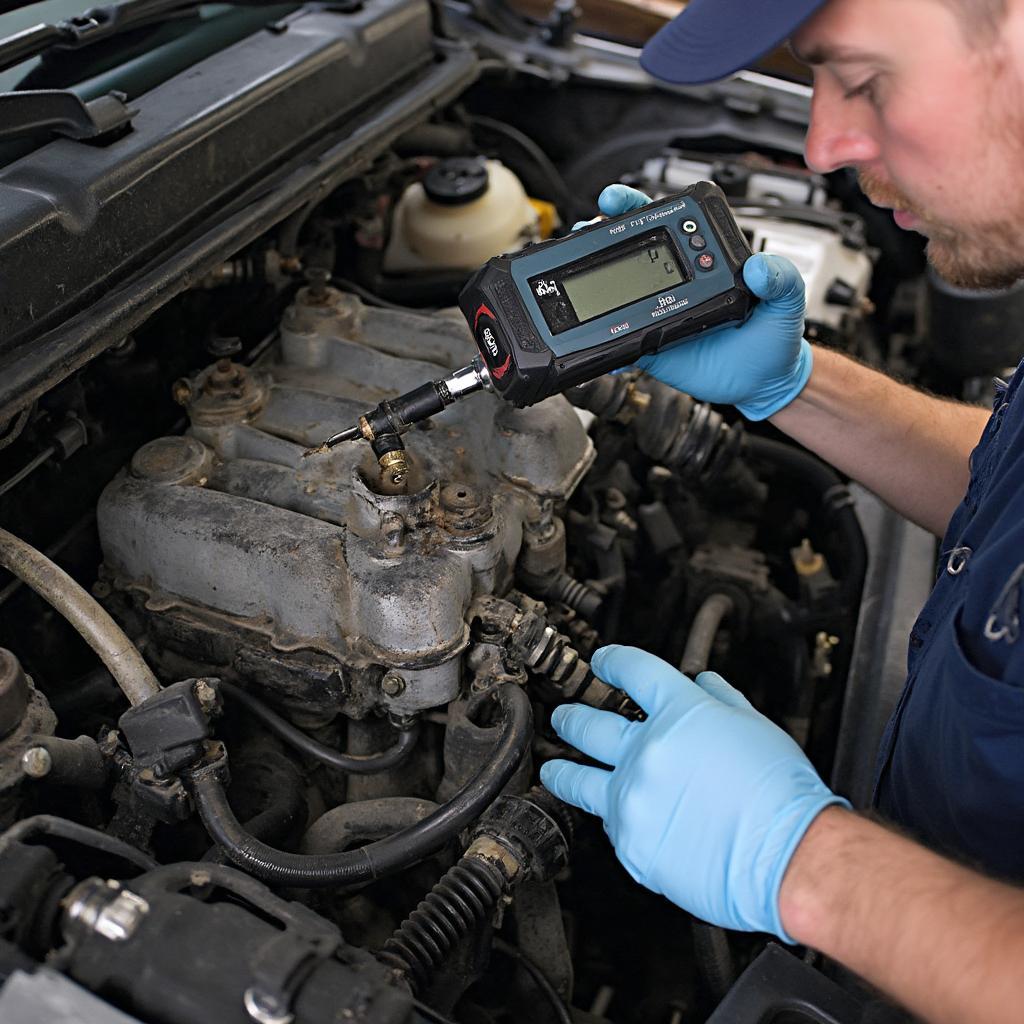 Mechanic Performing a Diesel Cylinder Pressure Test