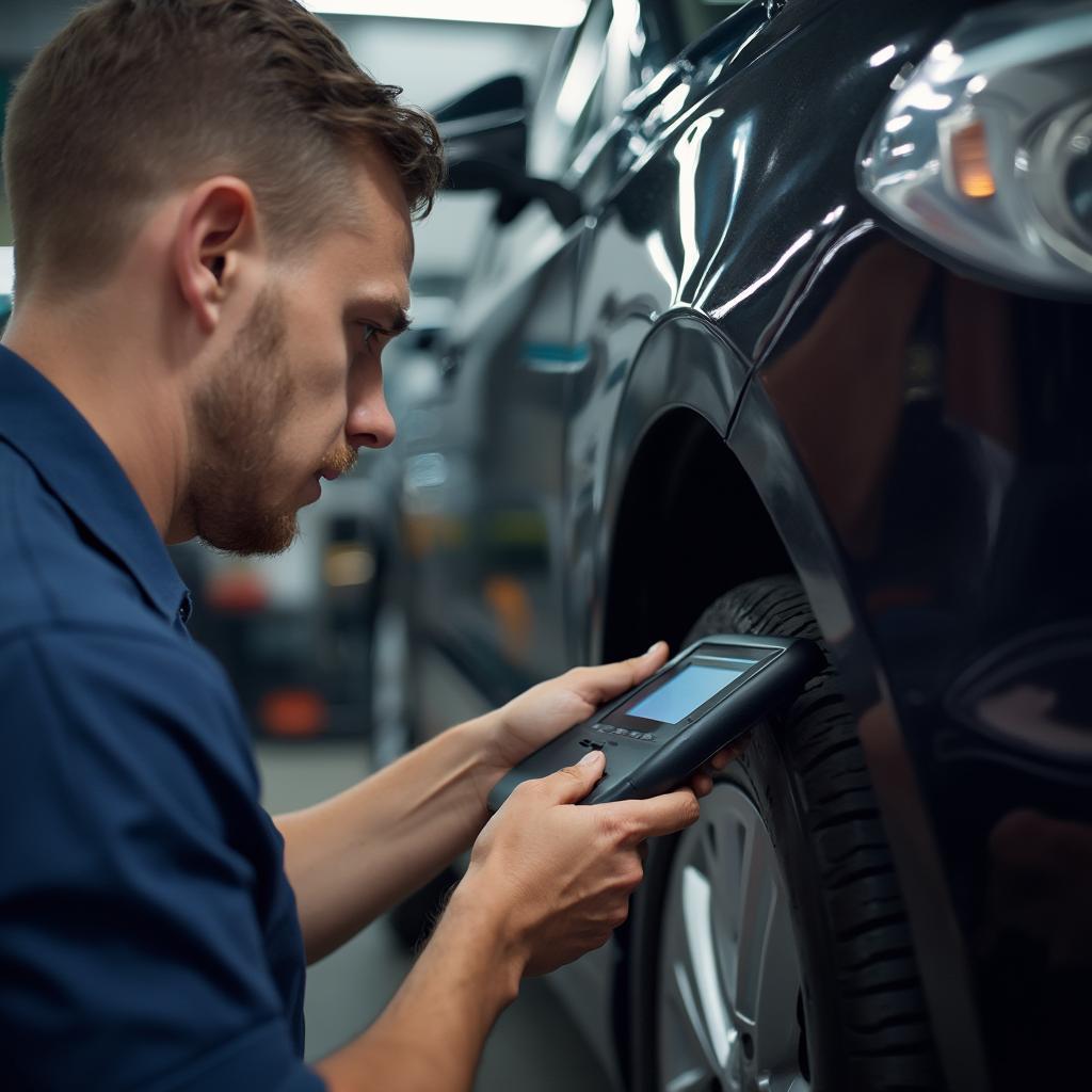 A mechanic connecting an OBD2 scanner to a car's diagnostic port