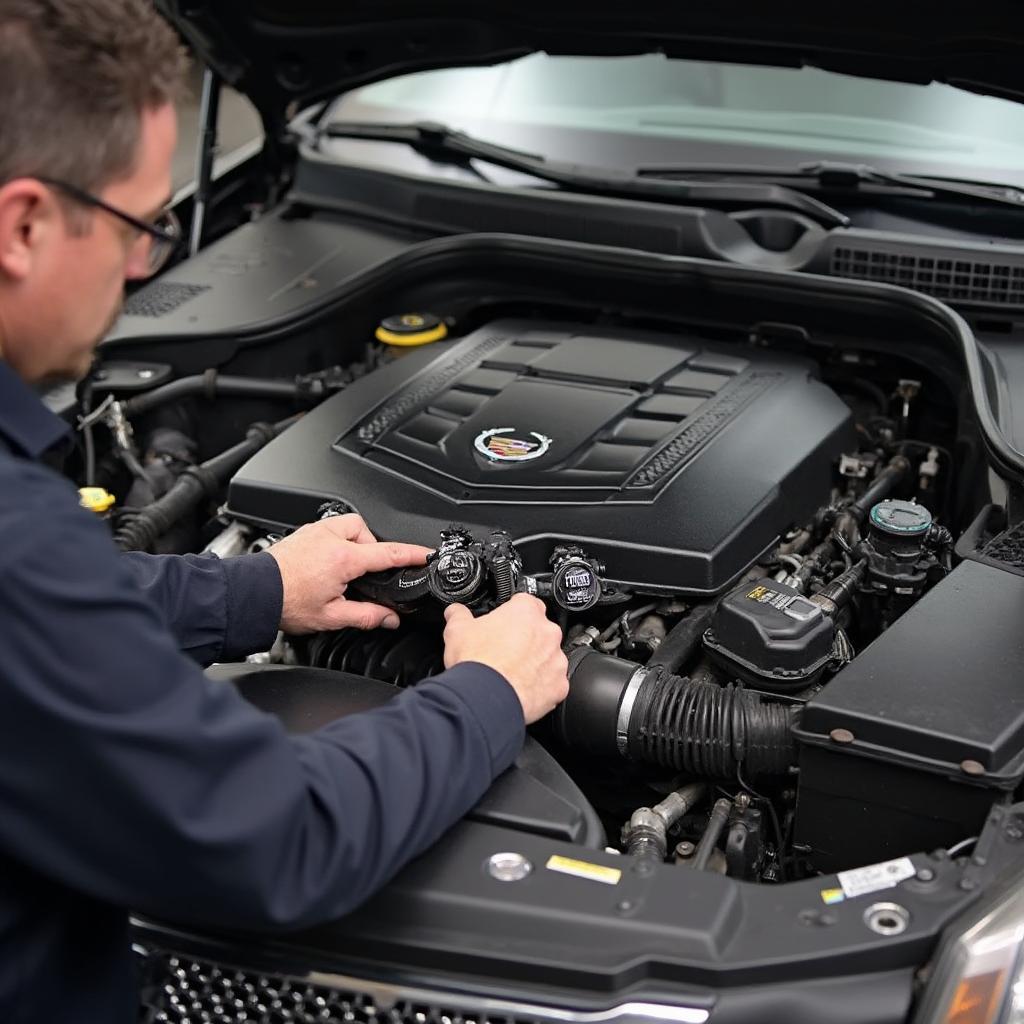 Mechanic Repairing 2008 Cadillac CTS Engine for P0008 Code