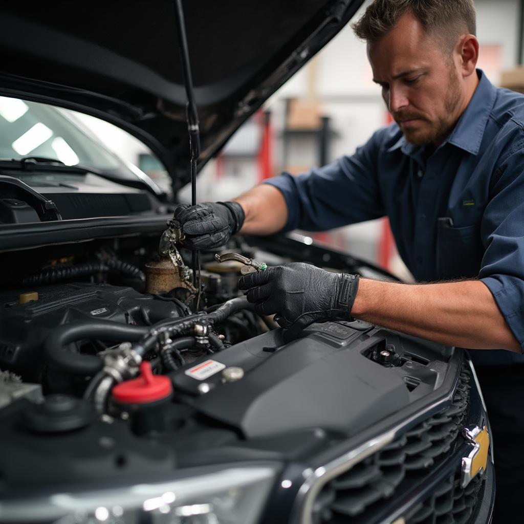 Mechanic Repairing Chevy EVAP System Leak