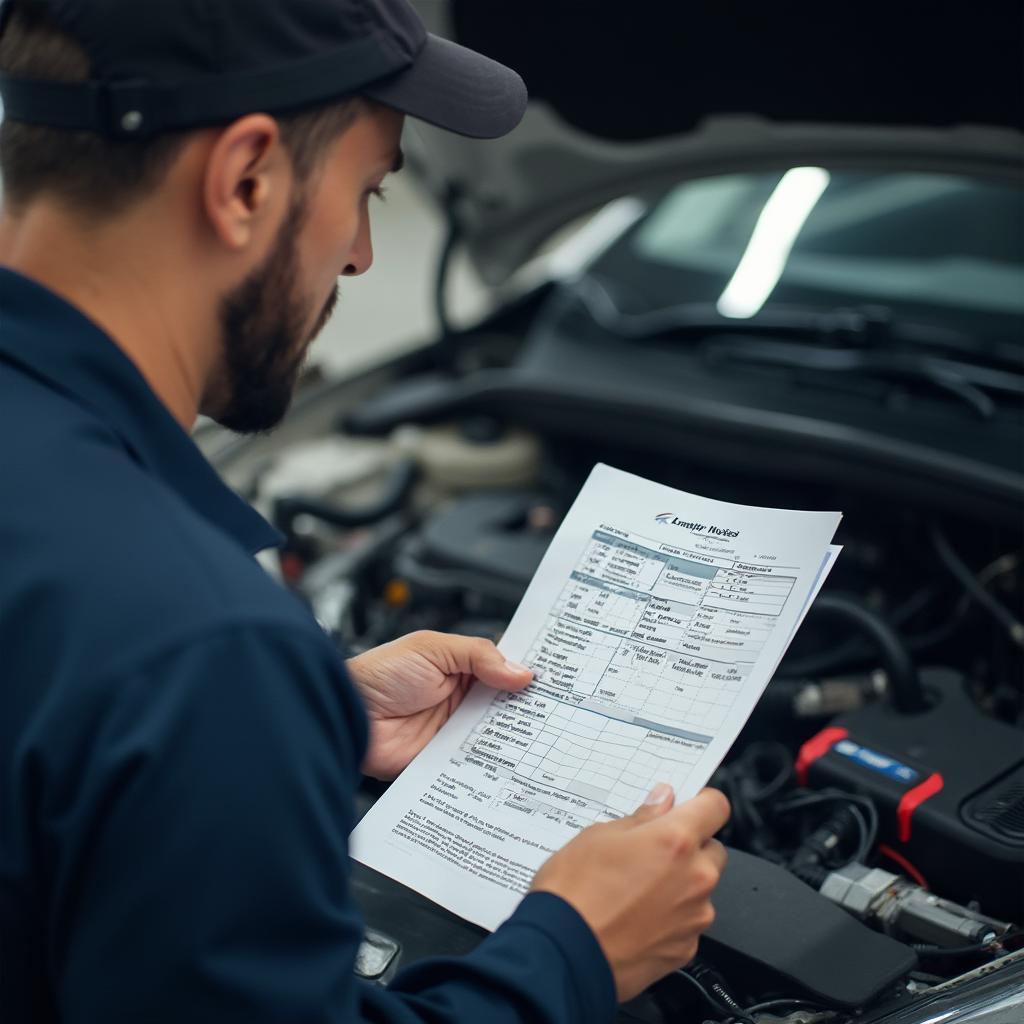 Mechanic reviewing a printed OBD2 report