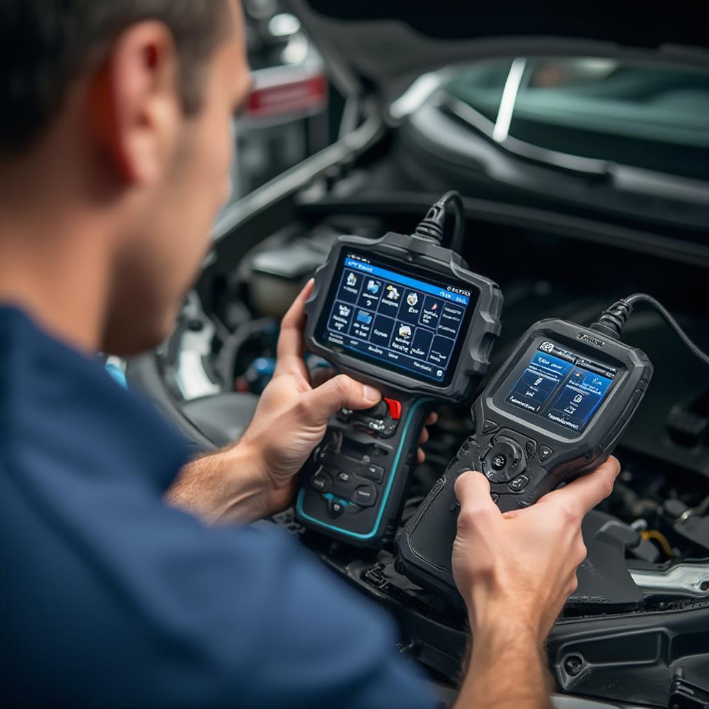 Mechanic comparing different professional OBD2 diagnostic tools