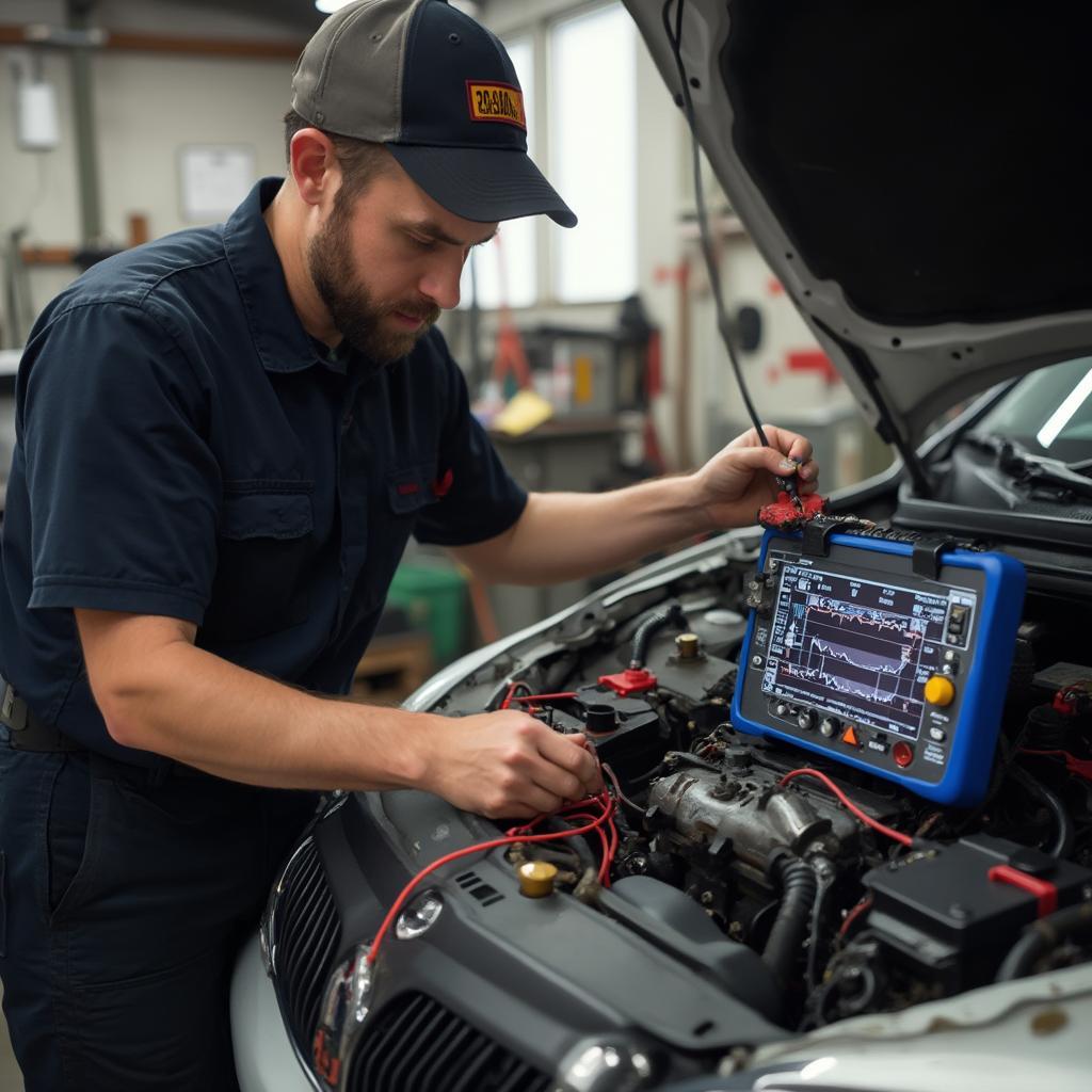 A mechanic using specialized equipment to perform a load test on a car alternator to determine its output and efficiency.