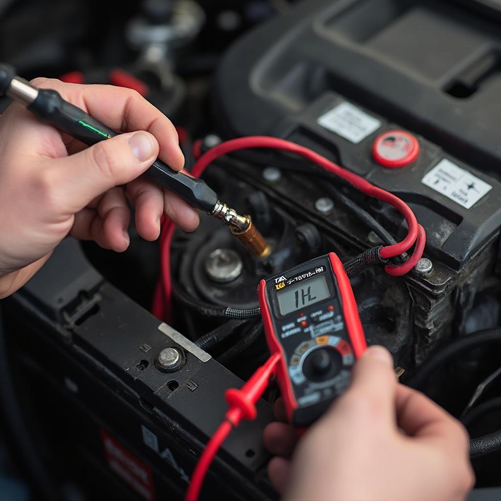 Mechanic Testing Car Battery with Multimeter