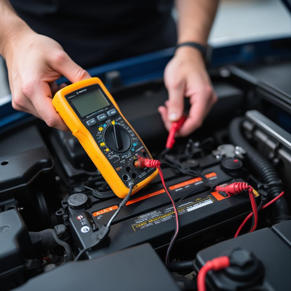 Mechanic Testing Car Battery with Multimeter