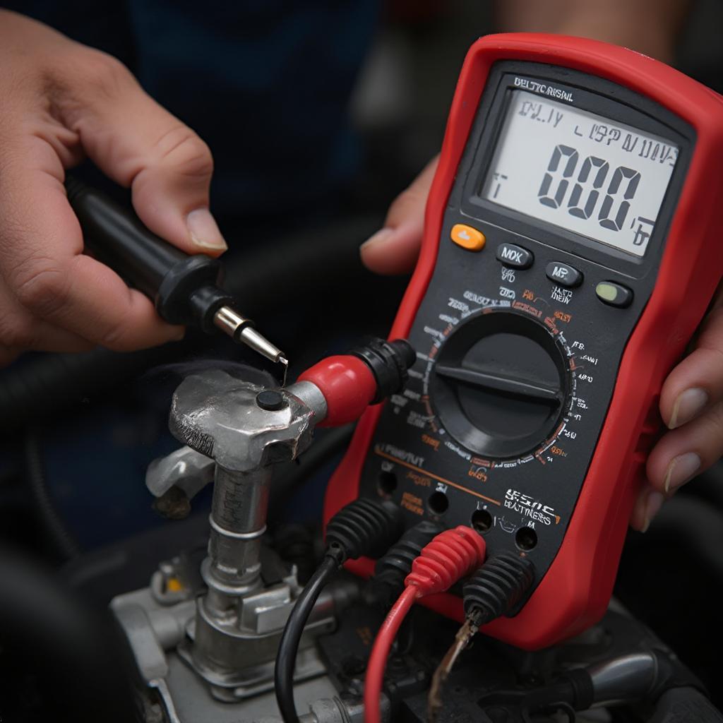 Mechanic Testing a Fuel Injector with a Multimeter