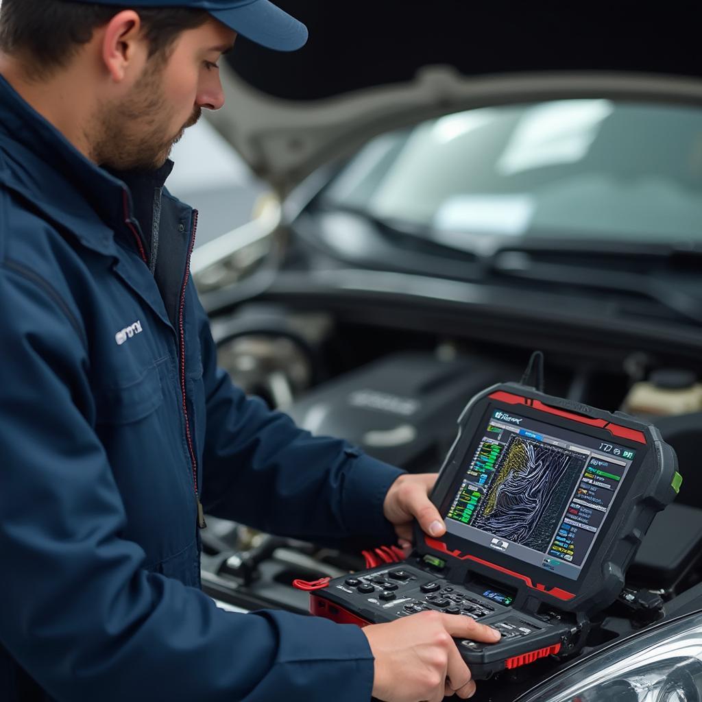 Mechanic Using Advanced OBD2 Scanner