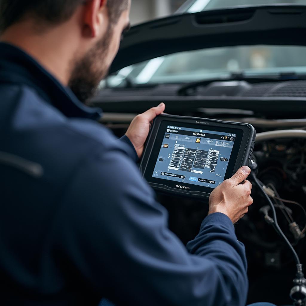 Mechanic Using an Advanced OBD2 Scanner on a Chrysler