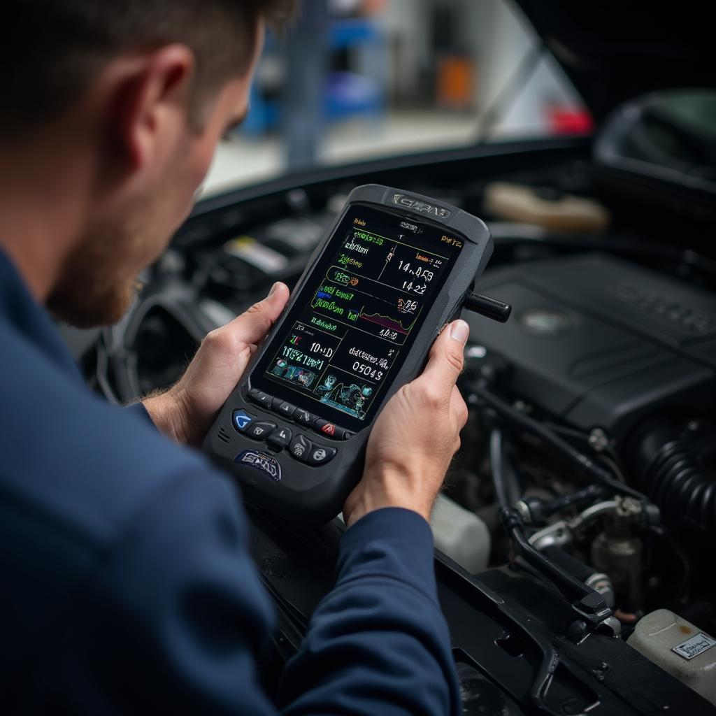 Mechanic Using Advanced OBD2 Scanner on a Saab